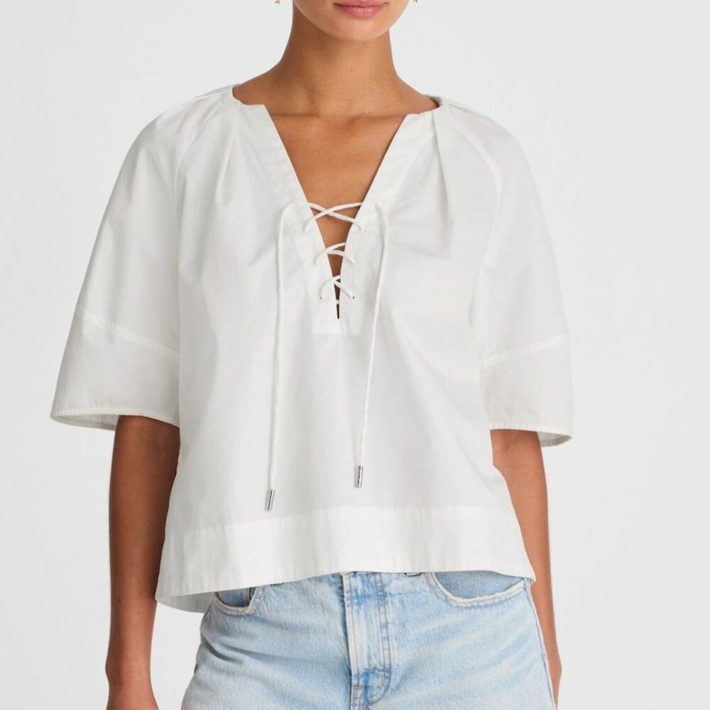 NWT Madewell Women's Sz S White Poplin Lace-Up Top Balloon Sleeves Lightweight